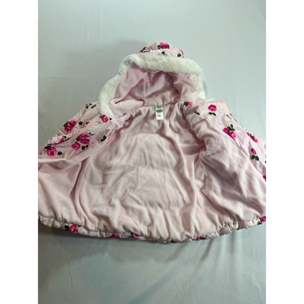 Little Me Girls 2T Pink Floral Hooded Puffer Jacket Faux Fur Trim Zip